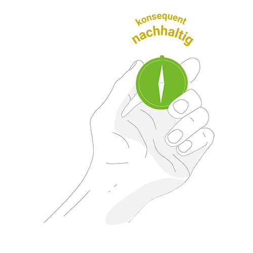 Die Zeichnung/Grafik/Icon einer Hand mit einem Kompass zeigt auf die Wörter konsequent nachhaltig. Die Zeichnung steht für die Haltung von greencaptital nur nachhaltig zu investieren.